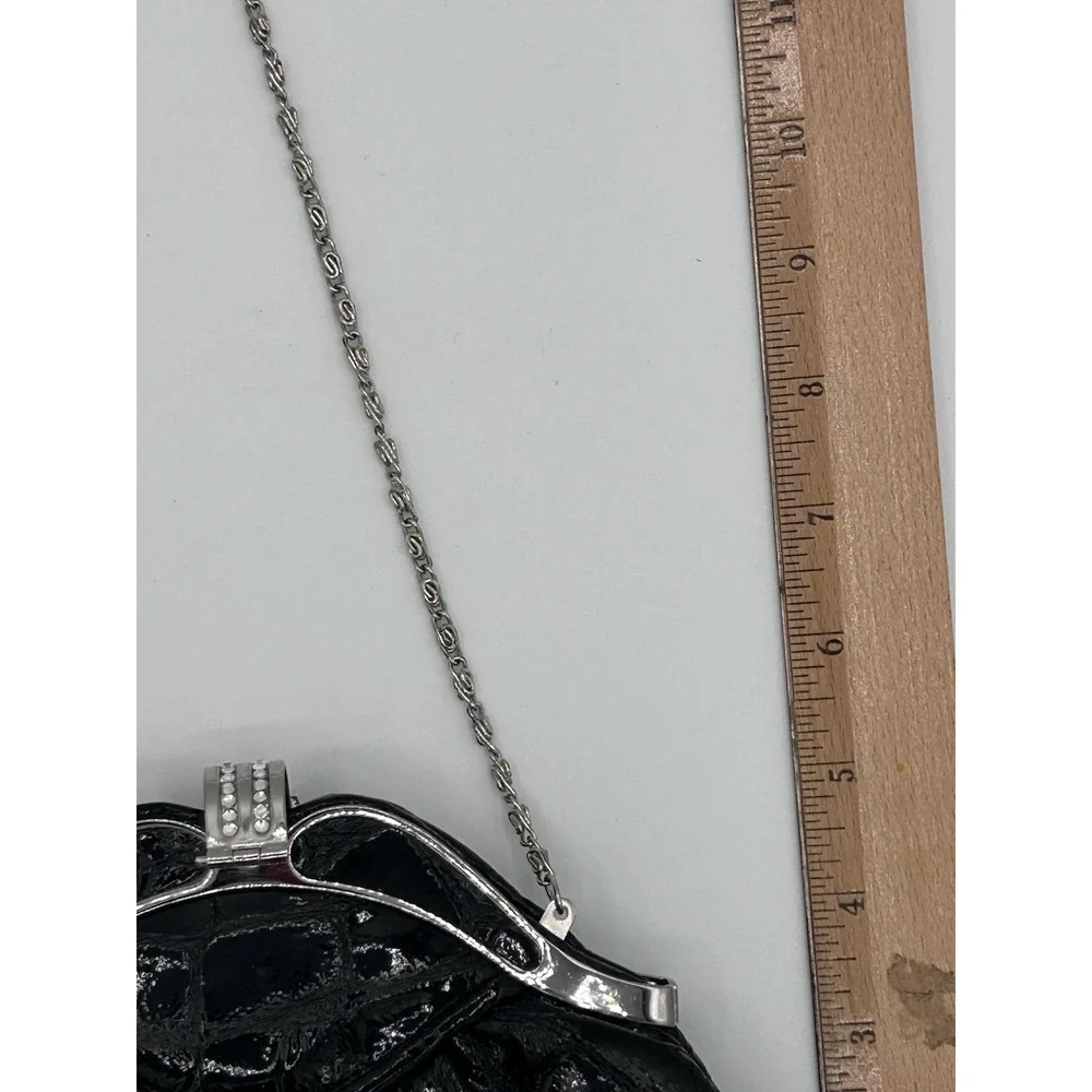 VTG. Black Patent Croc Embossed Clutch Rhinestone Floral Evening Bag Chain Strap